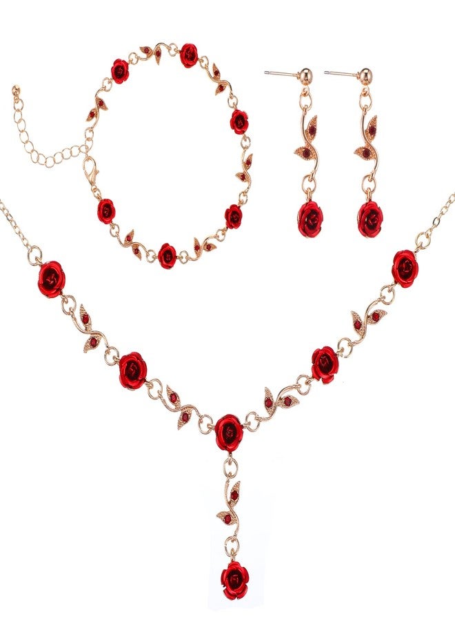MBAIYO Red Rose Jewelry Set, 3Pcs Red Flower Necklaces for Women Rose Necklace Dangle Bracelet Set Vintage Earrings Pendant Amulet chain for Women's Wedding Prom Valentine Birthday Party(Golden) - Image 1